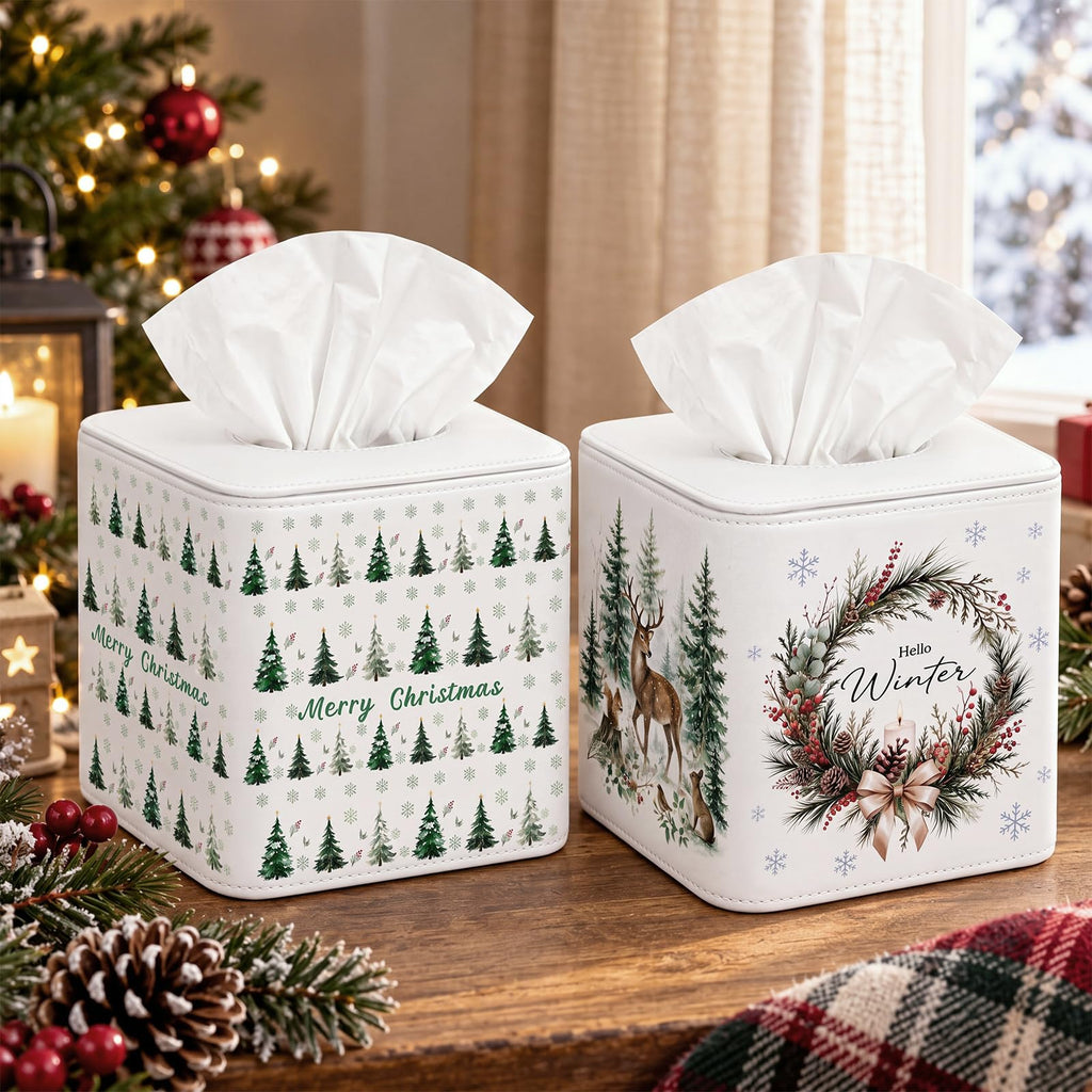 Thyle 2 Pcs Winter Christmas Square Facial Tissue Box Cover