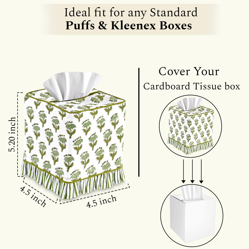 CPC 100% Cotton Ruffle Block Print Tissue Box Cover, Emerald Green