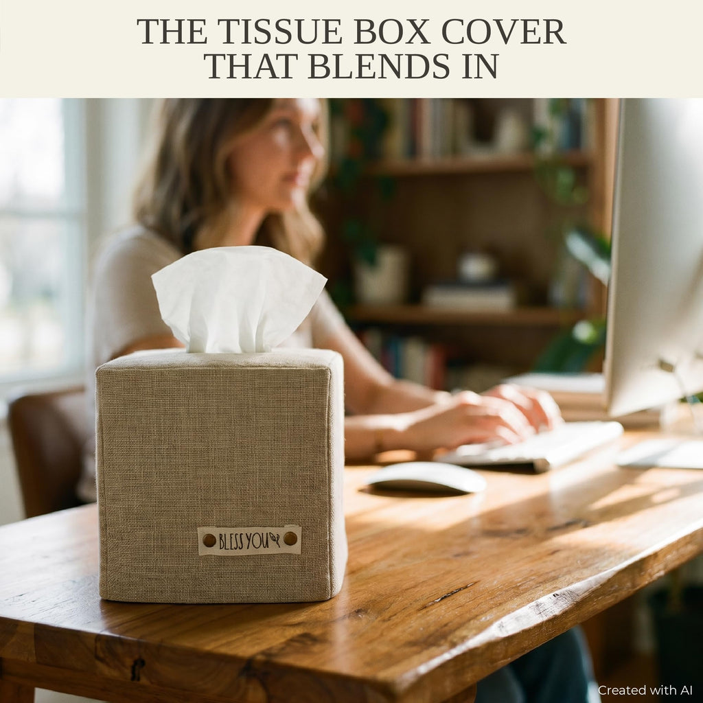 Stylish Tissue Box Cover - Beige Linen Holder for Square Tissue Boxes