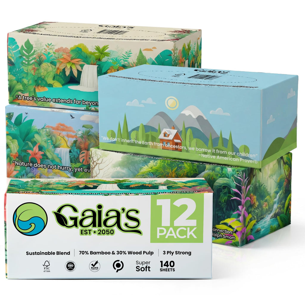Gaias Premium 3 Ply Facial Tissues, Strong and Soft, 140 Sheets (1680 Sheets - 12 Pack) Made From Bamboo, Zero Plastic Packaging, Eco-Friendly, Sustainable, Non-Lotion Bulk Pack