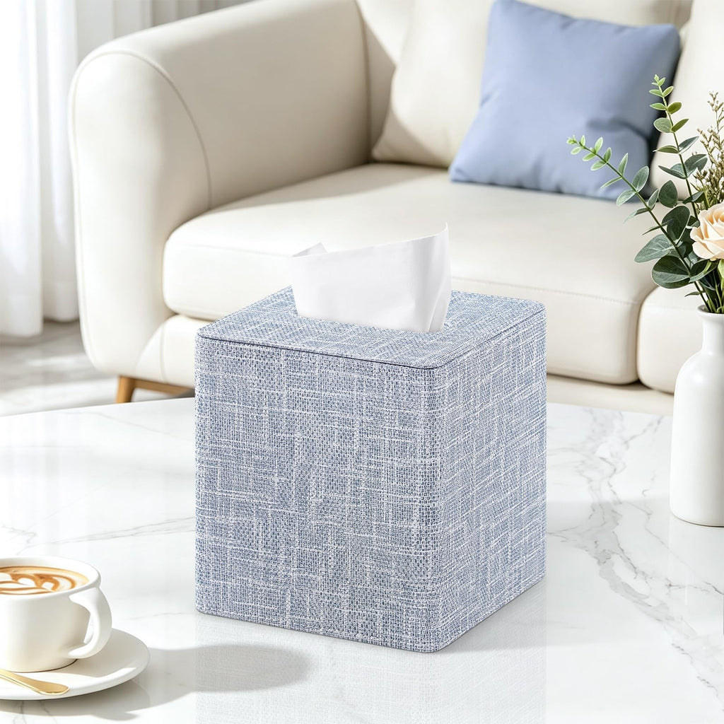PU Leather Square Tissue Box Cover Tissue Box Holder Cube (Blue)
