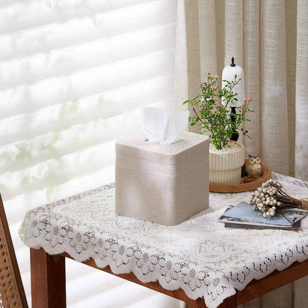 Sand Stone-Look Square Tissue Box Cover, Luxury Beige Cube Tissue Box Case