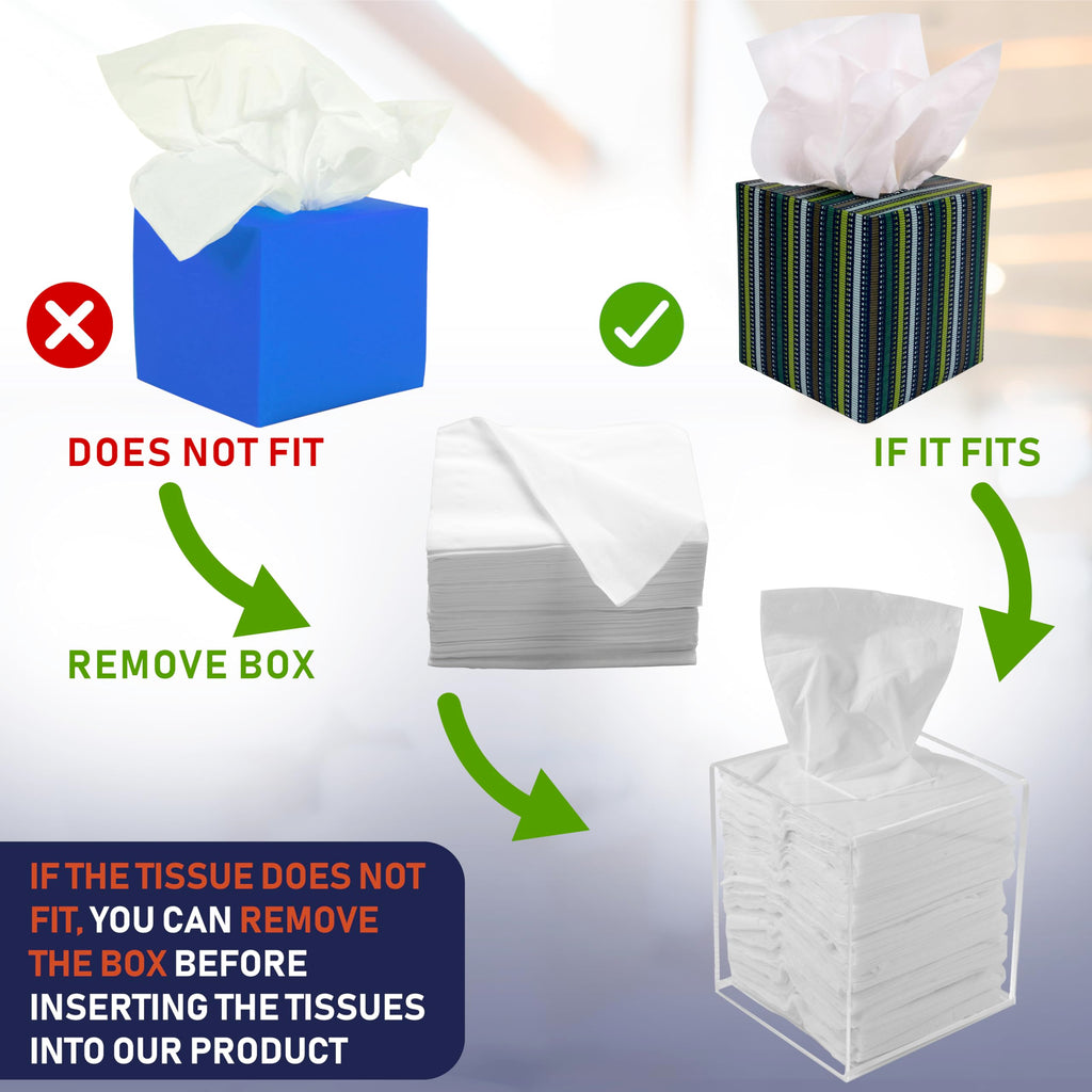 Acrylic Tissue Box Holder, Square Dispenser for Facial Tissues, Napkins, and Dryer Sheets. Perfect for Bathrooms, Desks, Countertops, Vanities, Bedrooms, and Nightstands (Square, Clear)