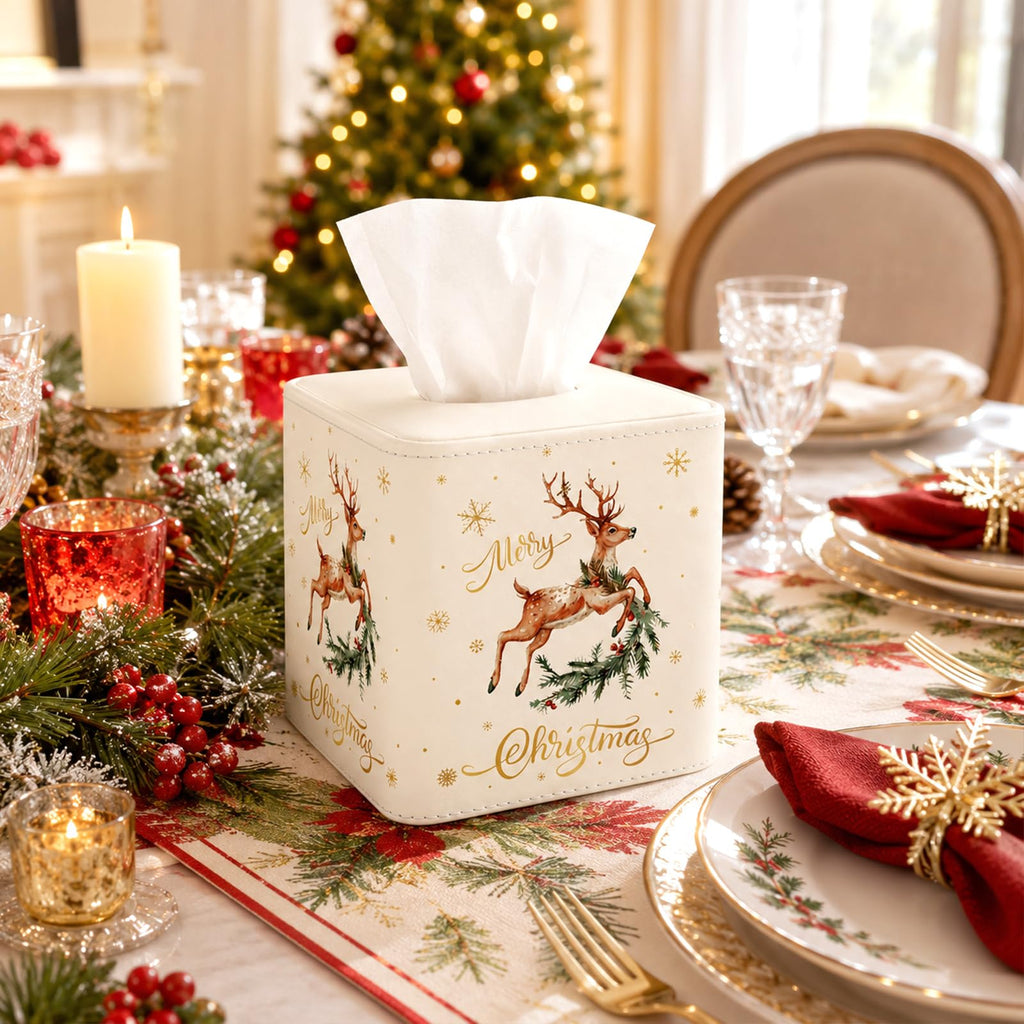 Thyle 2 Pcs Christmas Square Tissue Box Cover PU Leather Christmas Tree Reindeer Tissue Box Holder Closure Xmas Decorations Cube Napkin Holder for Kitchen Car Home Office Living Room Bedroom