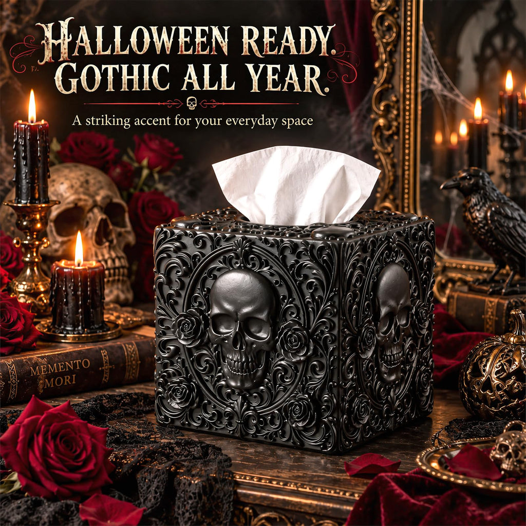 Pinkunn Halloween Skull Tissue Box Cover Black Square Gothic Style