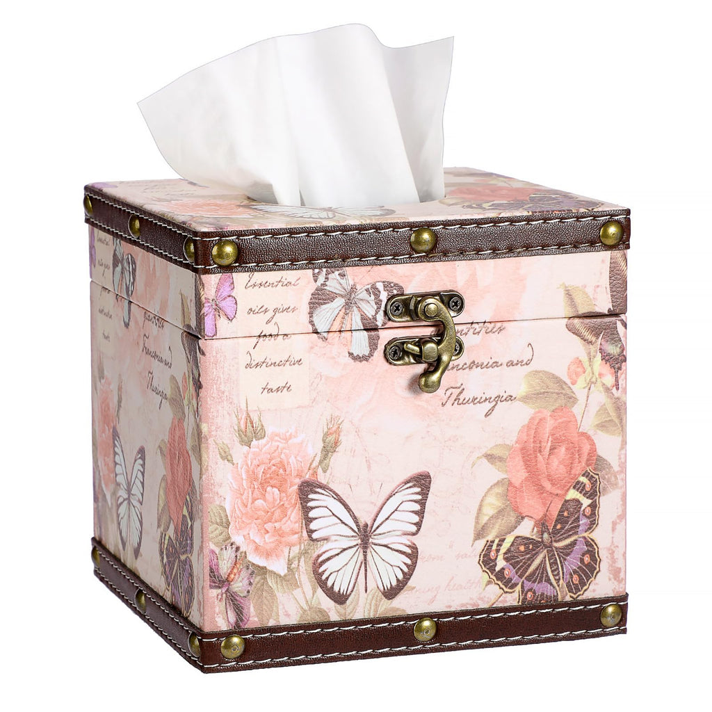 Hoowen Butterfly Tissue Box Cover, Wood Square Tissue Holder, Stylish Pink