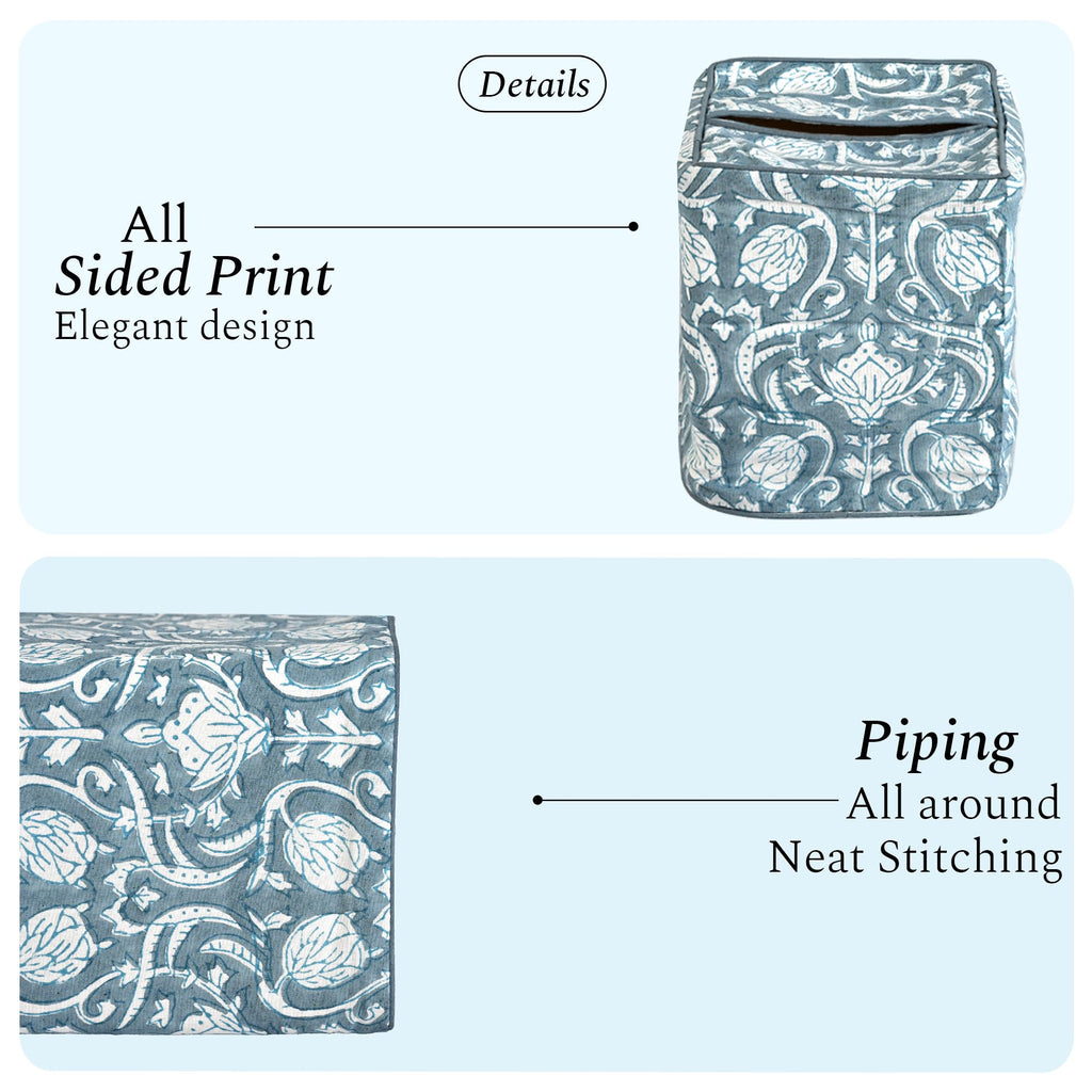 CPC 100% Cotton Piping Block Print Tissue Box Cover, Azure Regal