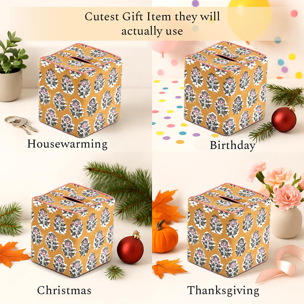 CPC 100% Cotton Piping Block Print Tissue Box Cover, Citrine Yellow