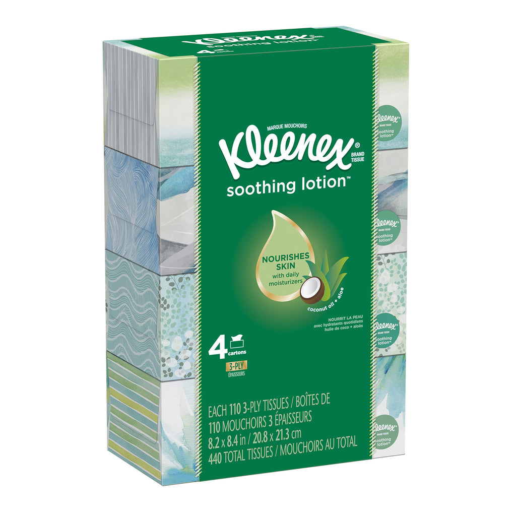 Kleenex Soothing Lotion Facial Tissues, 4 Flat Boxes, 110 Tissues Per Box (440 Tissues Total), Coconut Oil, Aloe & Vitamin E
