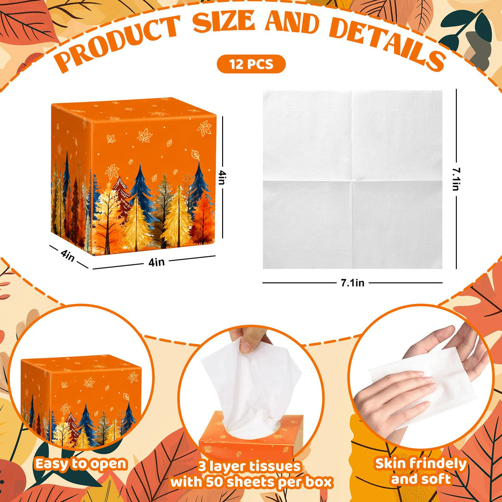 Whaline 12Pcs Fall Facial Tissues Cube Boxes Boho Autumn Trees Maple Leaves Square Tissue Box Cover with 600 Sheets Napkins for Harvest Thanksgiving Home Car Accessories
