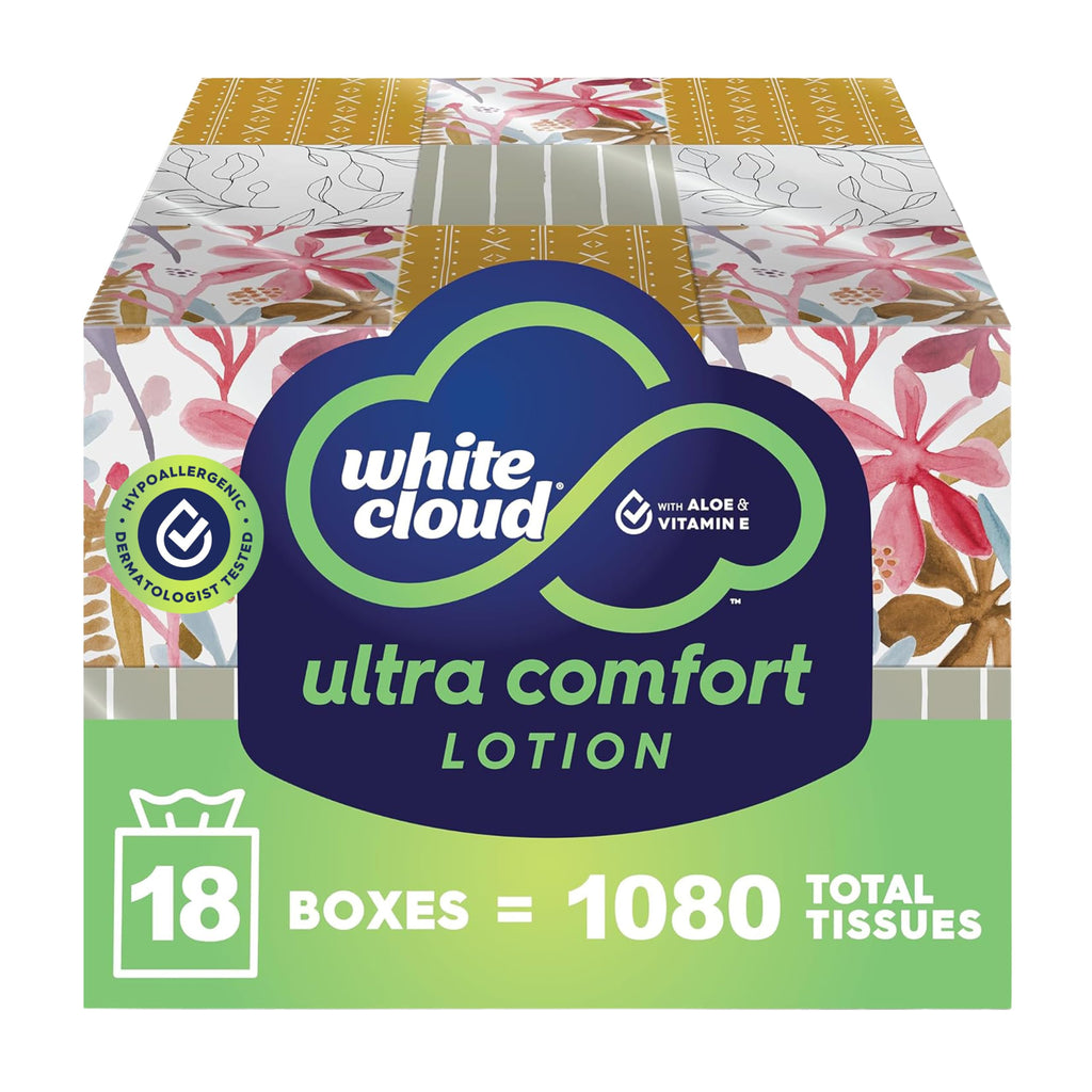White Cloud Ultra Comfort Lotion 3-Ply Facial Tissue, 18 Box Pack