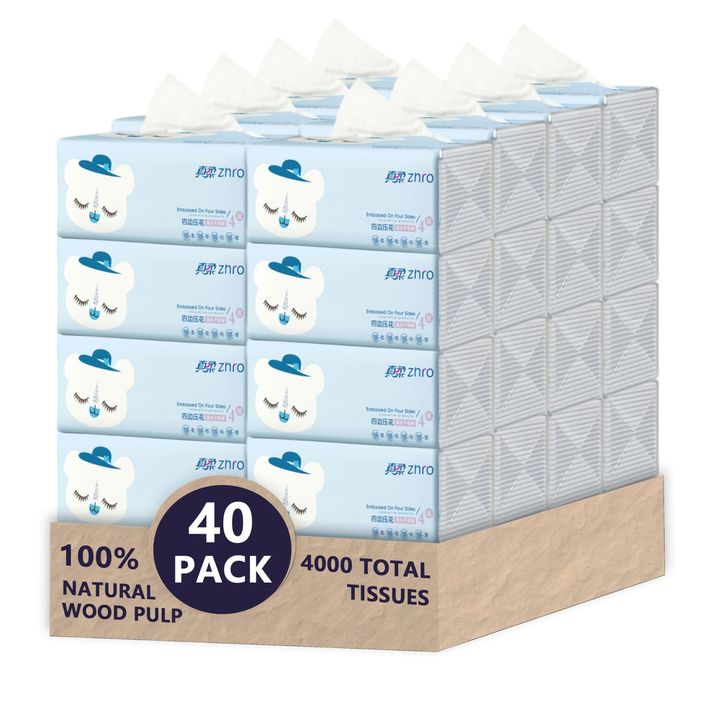 Zhro 4-Ply Premium Facial Tissues, 40 Large Packs (5.6x3.6x2.7"[Not in Box]) - 4000 Sheets Value Set, Hypoallergenic & Lint-Free for Home/Office/Travel