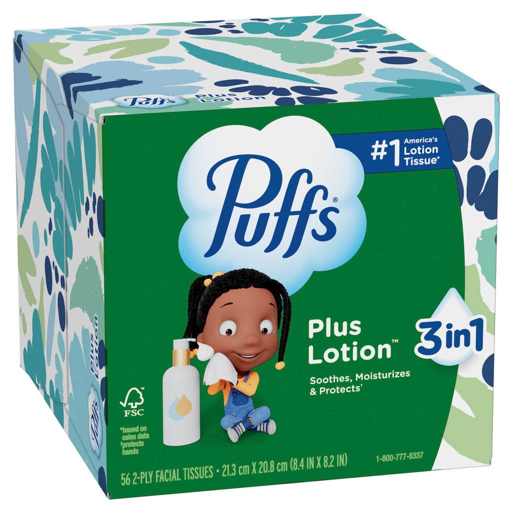 Puffs Facial Tissues Plus Lotion, 10 Cube Boxes, 56 Facial Tissues per Box, Allergies and Colds (Packaging May Vary)