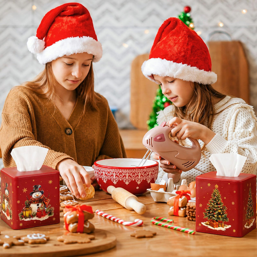 Thyle 2 Pcs Christmas Square Tissue Box Cover Red PU Leather Christmas Tree Snowman Tissue Box Holder Closure Xmas Decorations Cube Napkin Holder for Kitchen Car Home Office Living Room Bedroom