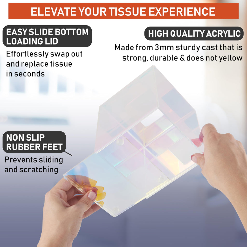 Acrylic Tissue Box Holder, Clear Dispenser for Facial Tissues, Napkins, and Dryer Sheets. Perfect for Bathrooms, Desks, Countertops, Vanities, Bedrooms, and Nightstands (Square, Iridescent)