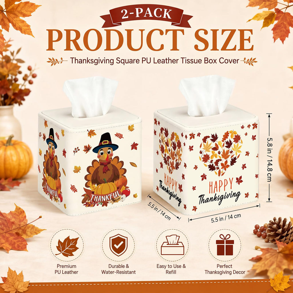 Thyle 2 Pcs Thanksgiving Tissue Box Cover Turkey Square Tissue Case Holder