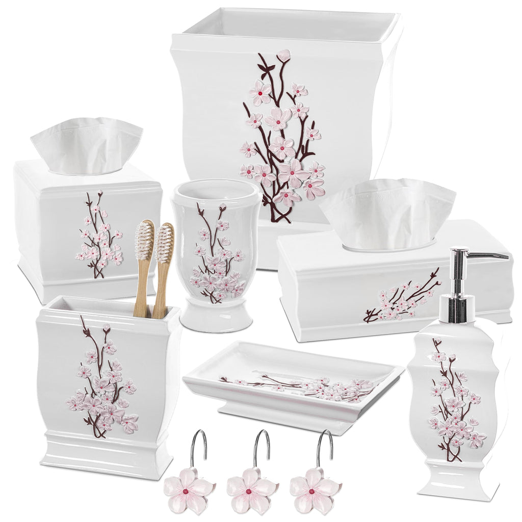 Vanda Cherry Blossom White Square Resin Tissue Box Cover with Bottom Slider