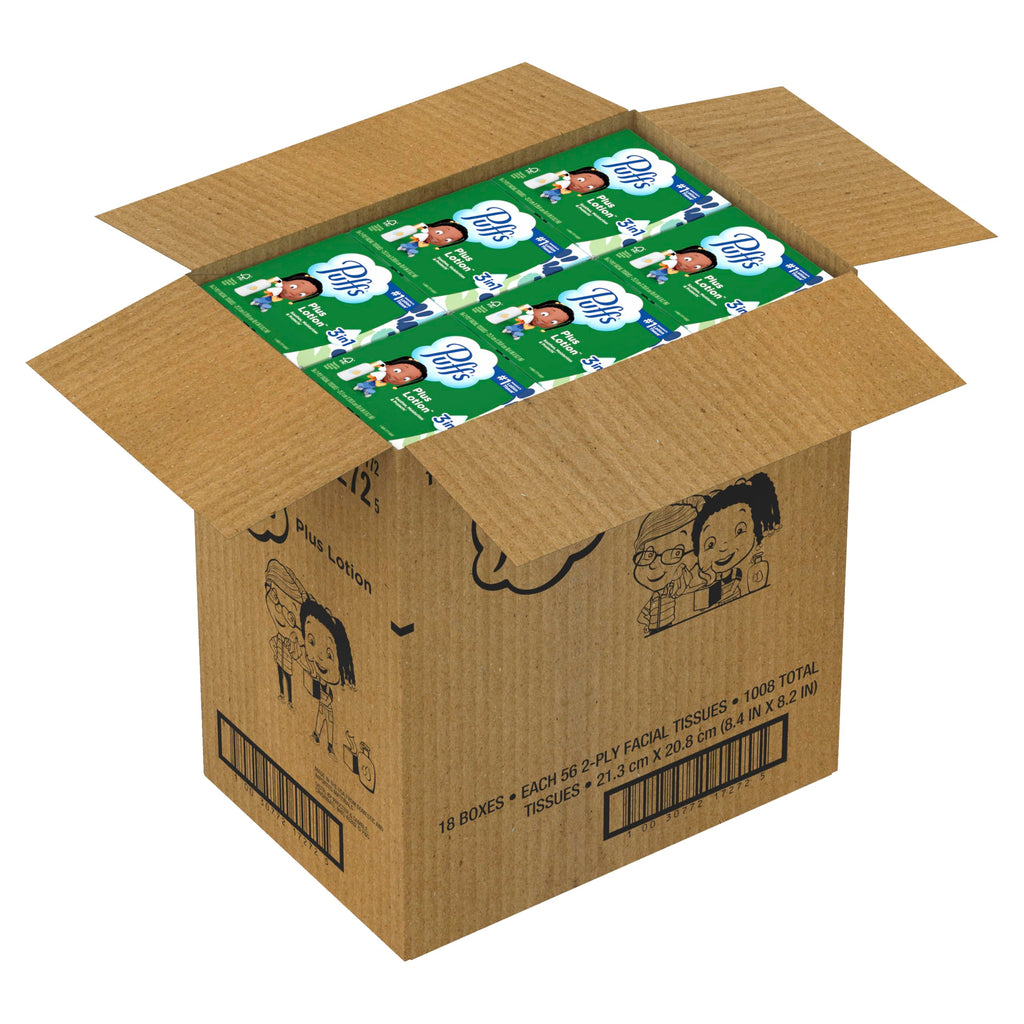 Puffs Facial Tissues Plus Lotion, 18 Cube Boxes, 56 Facial Tissues per Box, Allergies and Colds (Packaging May Vary)