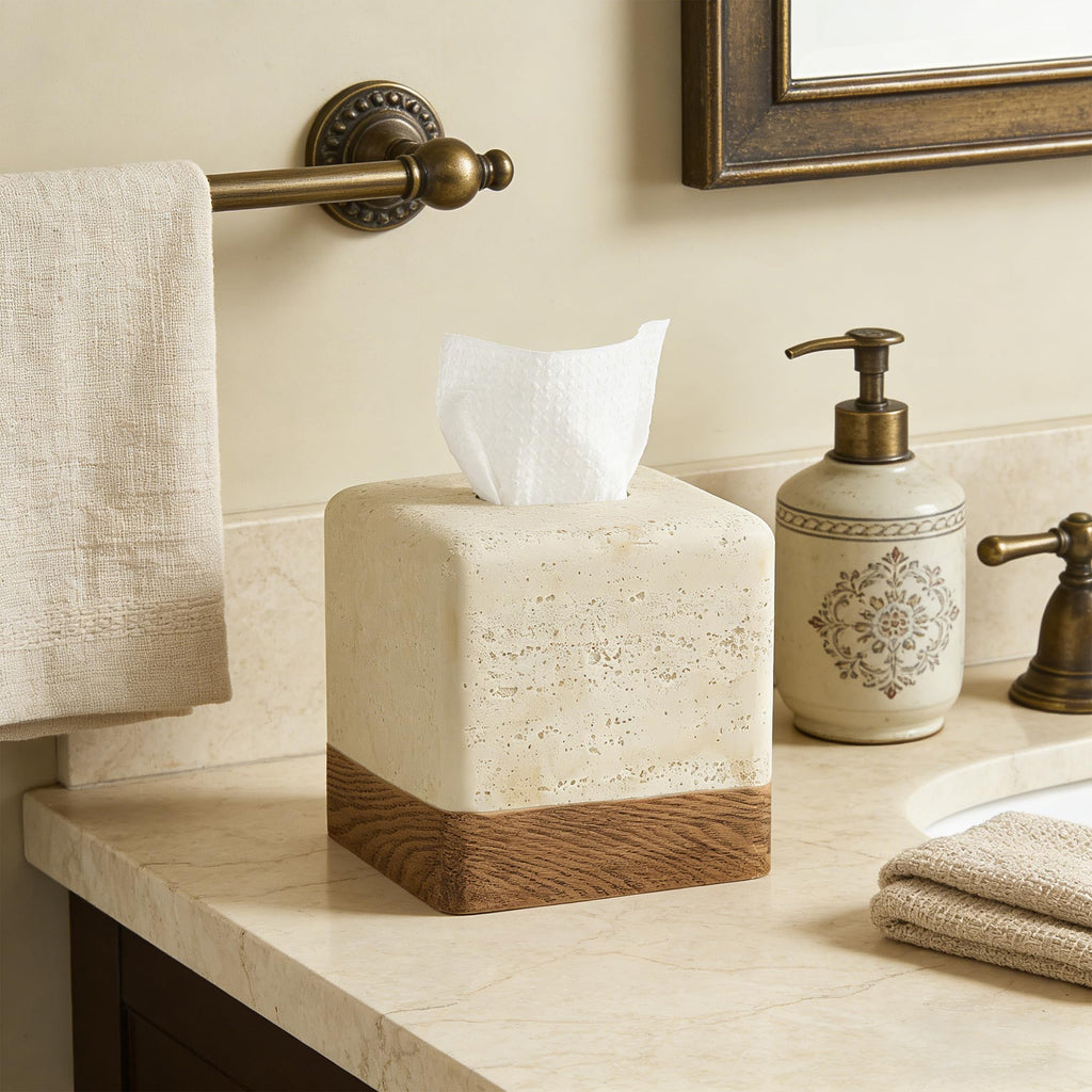 Natural Travertine Look Match Wooden Square Tissue Box Cover for Home Decor