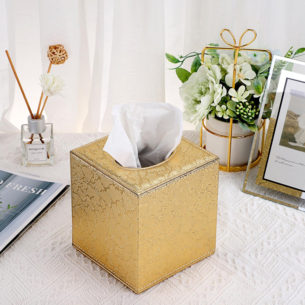 Sumnacon PU Square Tissue Box Cover with Magnetic Bottom, Waterproof, Gold