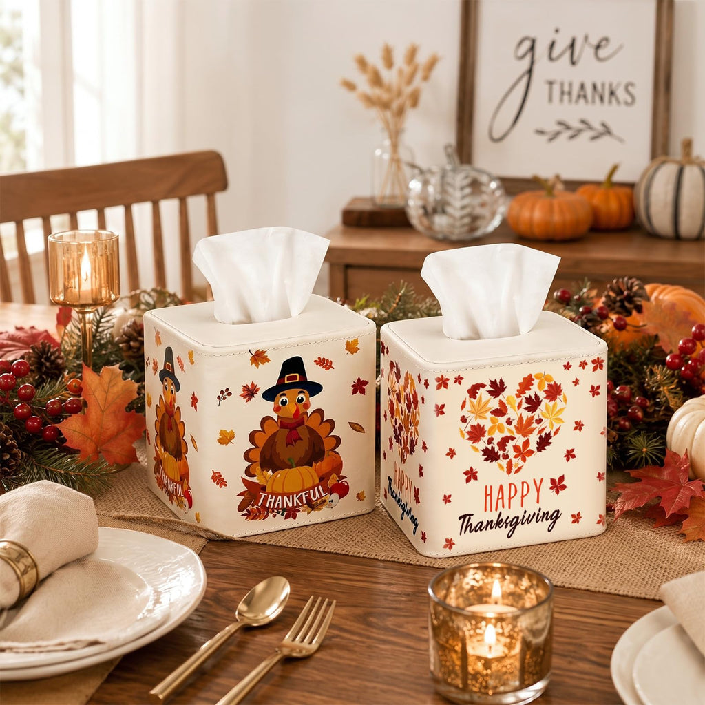 Thyle 2 Pcs Thanksgiving Tissue Box Cover Turkey Square Tissue Case Holder
