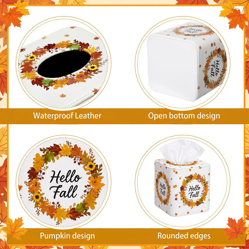 Thyle 2 Pcs Fall Tissue Box Cover Square, Pumpkin PU Leather Tissue Holder