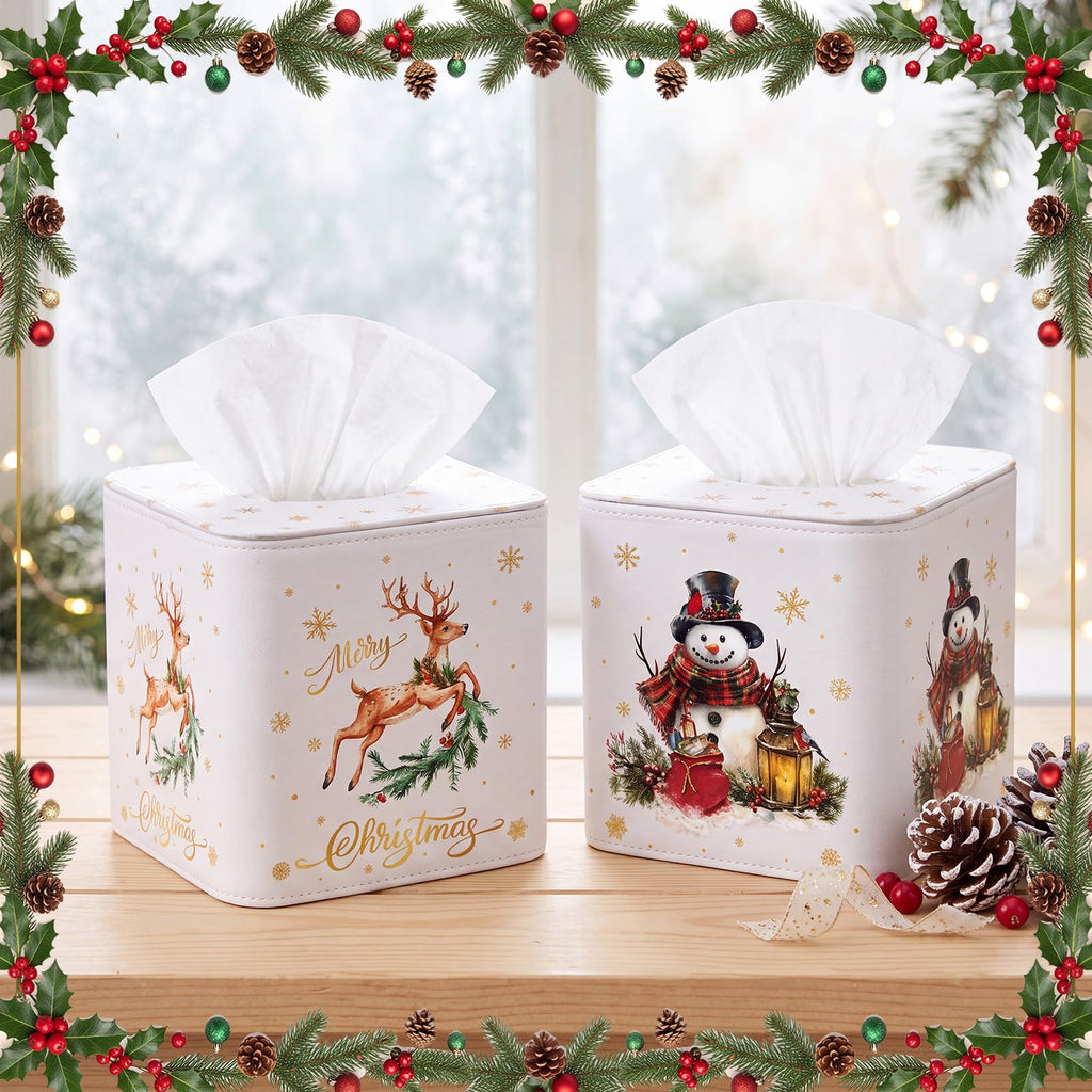 Thyle 2 Pcs Christmas Square Tissue Box Cover PU Leather Reindeer Snowman Tissue Box Holder Closure Xmas Decorations Cube Napkin Holder for Kitchen Car Home Office Living Room Bedroom