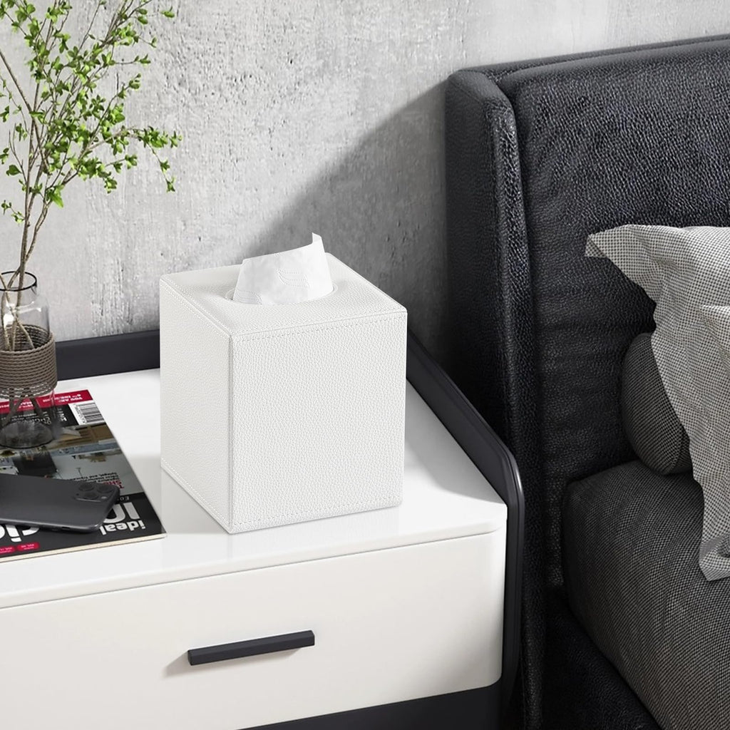 JLAMBOM PU Leather Tissue Box Cover Square Tissue Box Holder (White)
