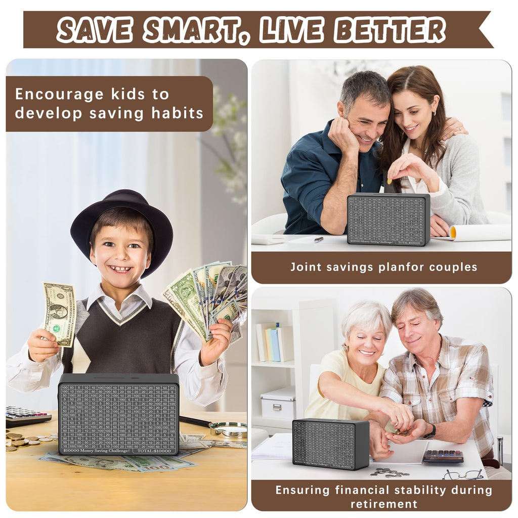 Wooden Money Saving Box, Cash Vault Savings Box for $10000 $5000 $3000 $1000 $800 $500 Target Money Saving Challenge, Reusable Money Box with Counter, Dry Erase Pen/Savings Trackers/Rubber Band-Black