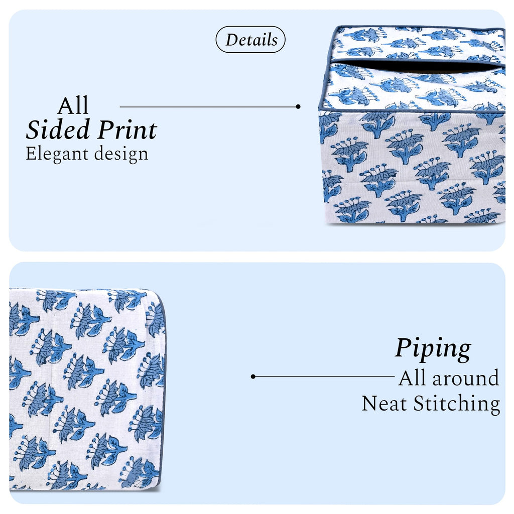 CPC 100% Cotton Piping Block Print Tissue Box Cover, Apatite Blue