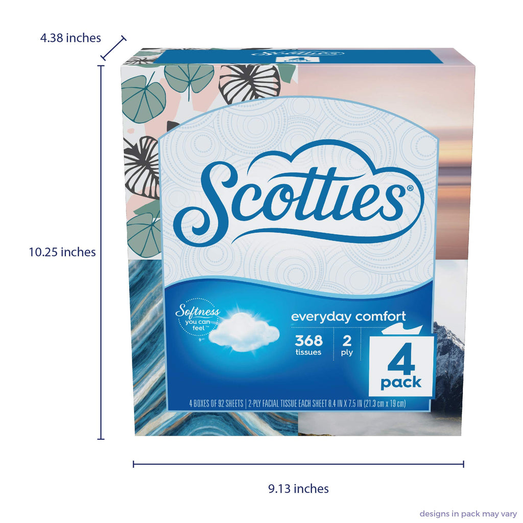 Scotties Everyday Comfort Facial Tissues, 2-Ply, 92 Tissues Per Box, (Pack of 4)