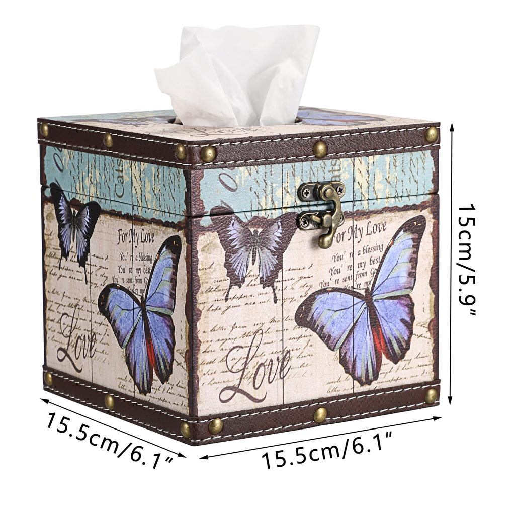 Hoowen Butterfly Tissue Box Cover, Wood Square Tissue Holder, Bluish Purple