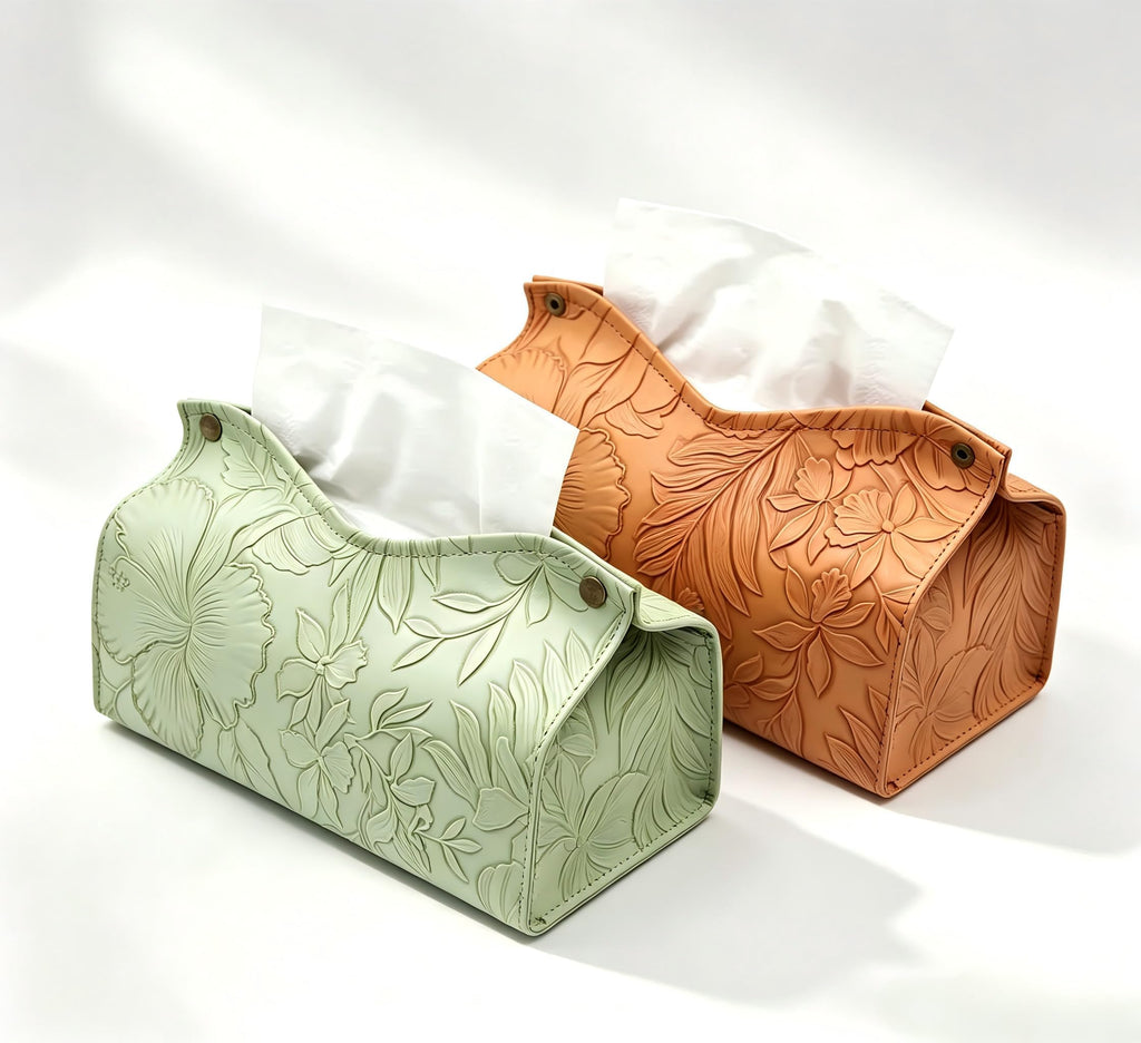 2 Rectangular Tissue Box Covers – Premium PU Leather,Embossed Faux Leather