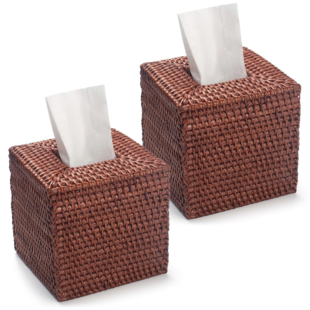 2 Pack Square Rattan Tissue Box Cover, Hand Woven Wicker Tissue Holder, 5.5 x 5.5 X 5.7 inches, Brown