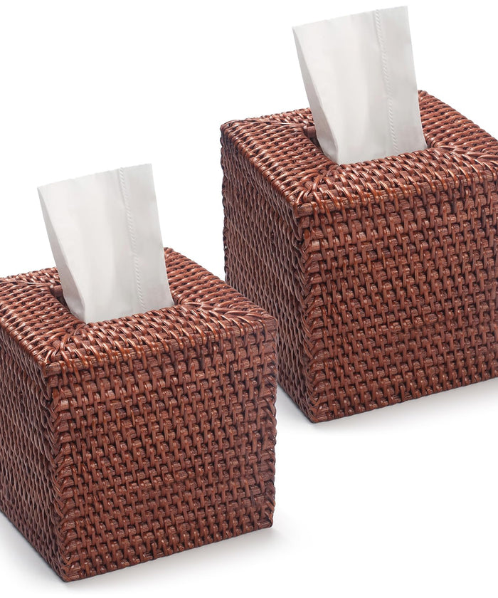 2 Pack Square Rattan Tissue Box Cover, Hand Woven Wicker Tissue Holder, 5.5 x 5.5 X 5.7 inches, Brown