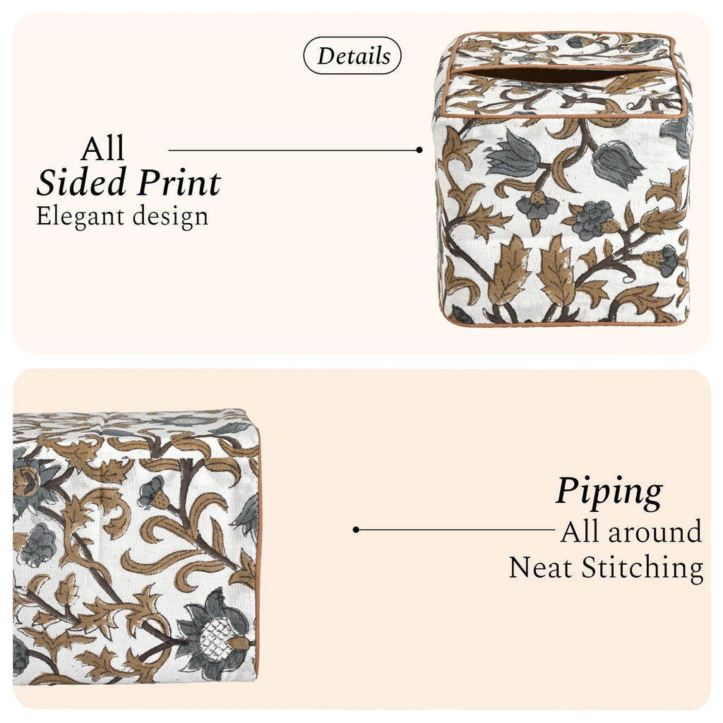 CPC 100% Cotton Piping Block Print Tissue Box Cover, Autumn Vine