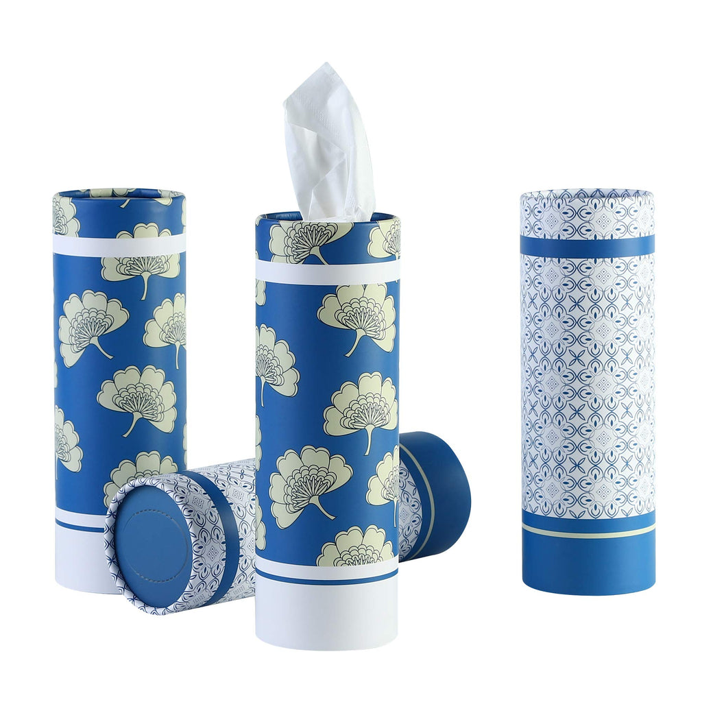 Car Tissues Holder with Facial Tissues - 4 PK - Travel Tissue Tubes Box Container Perfect Fit for Car Cup Holder Car Tissues Cylinder (Blue)