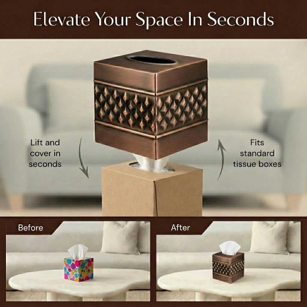 Monarch Abode Tissue Box Cover Square – Handcrafted Geo Embossed Antique Copper Finish Metal Tissue Holder Box for Bathroom Accessory, Aesthetic Decorative Facial Napkin Cube for Modern Home Décor