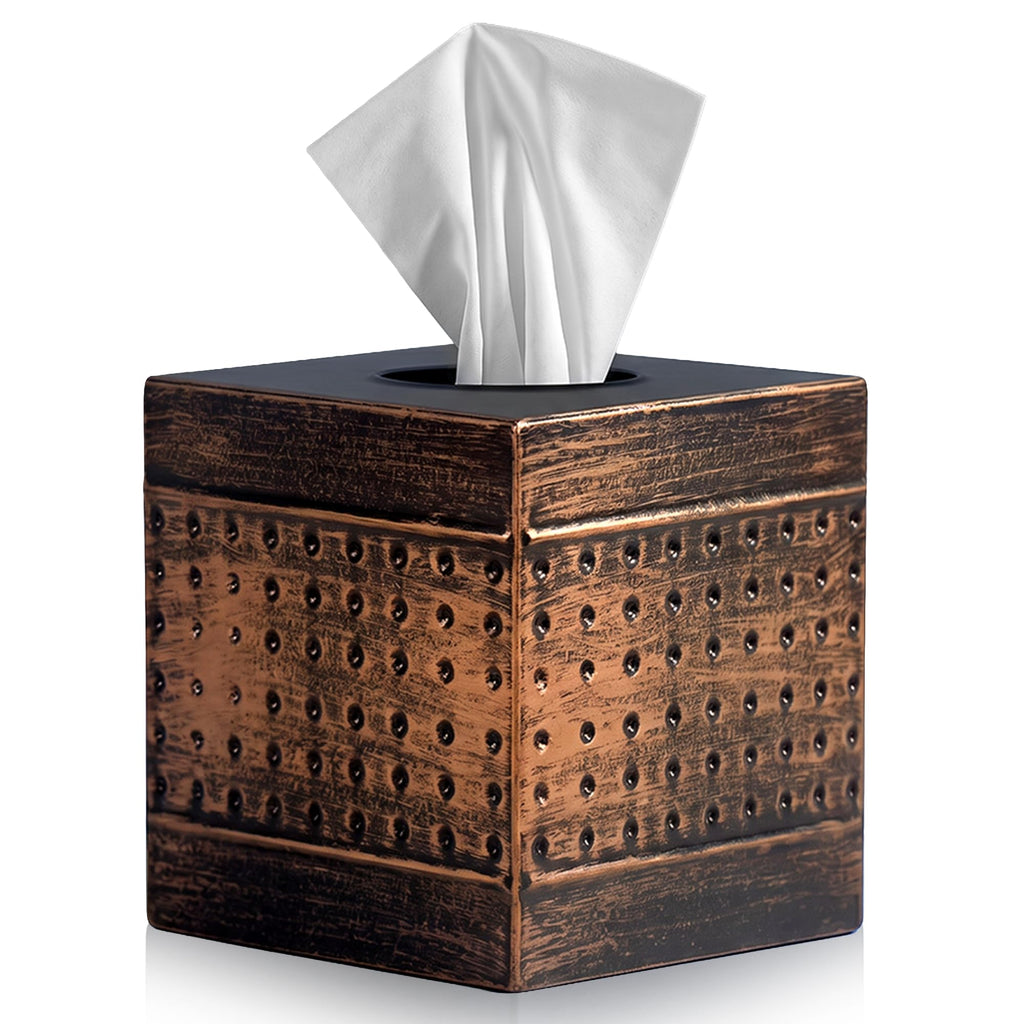 LUXMODE Handmade Metal Brown Tissue Box Cover – Square – 5x5x5.25 Inch – Open Bottom - Modern Tissue Holder for Bathroom, Living Room, Bedroom & Office Décor
