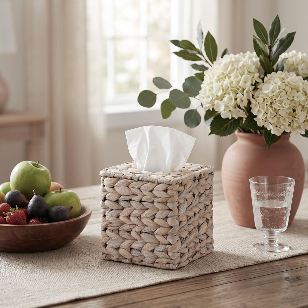Set of 2 Water Hyacinth Handwoven Tissue Box Cover, Handcrafted Square Facial Tissue, Natural Handmade Wicker Napkin Box Holder, Rustic Decorative on Bathroom, Table, Office, Boho Decorative,Whitewash