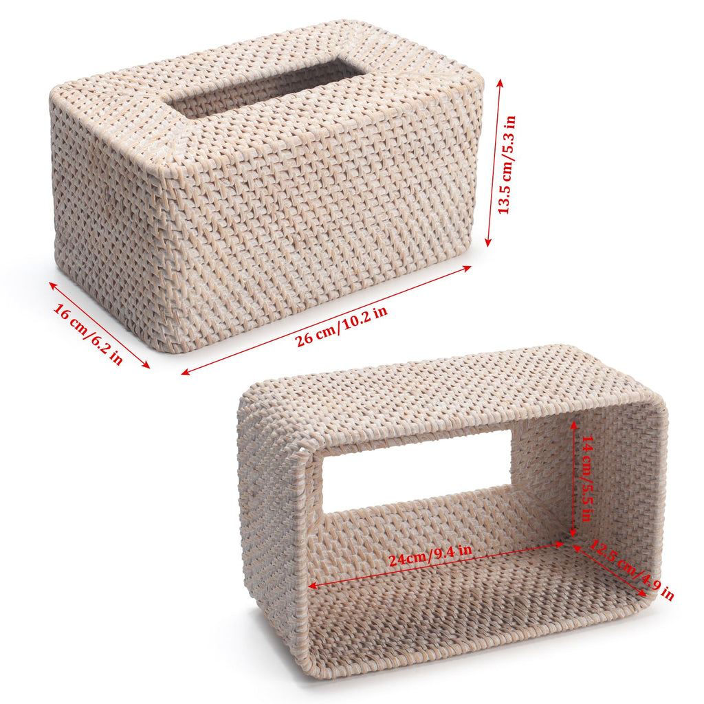 YANGQIHOME Rattan Tissue Box Cover, Rectangle Wicker Tissue Box Holder, Boho Facial Tissue Holder for Living Room, Bathroom, Kitchen, Bedroom, 10.2 x 6.2 x 5.3 inch, Whitewash