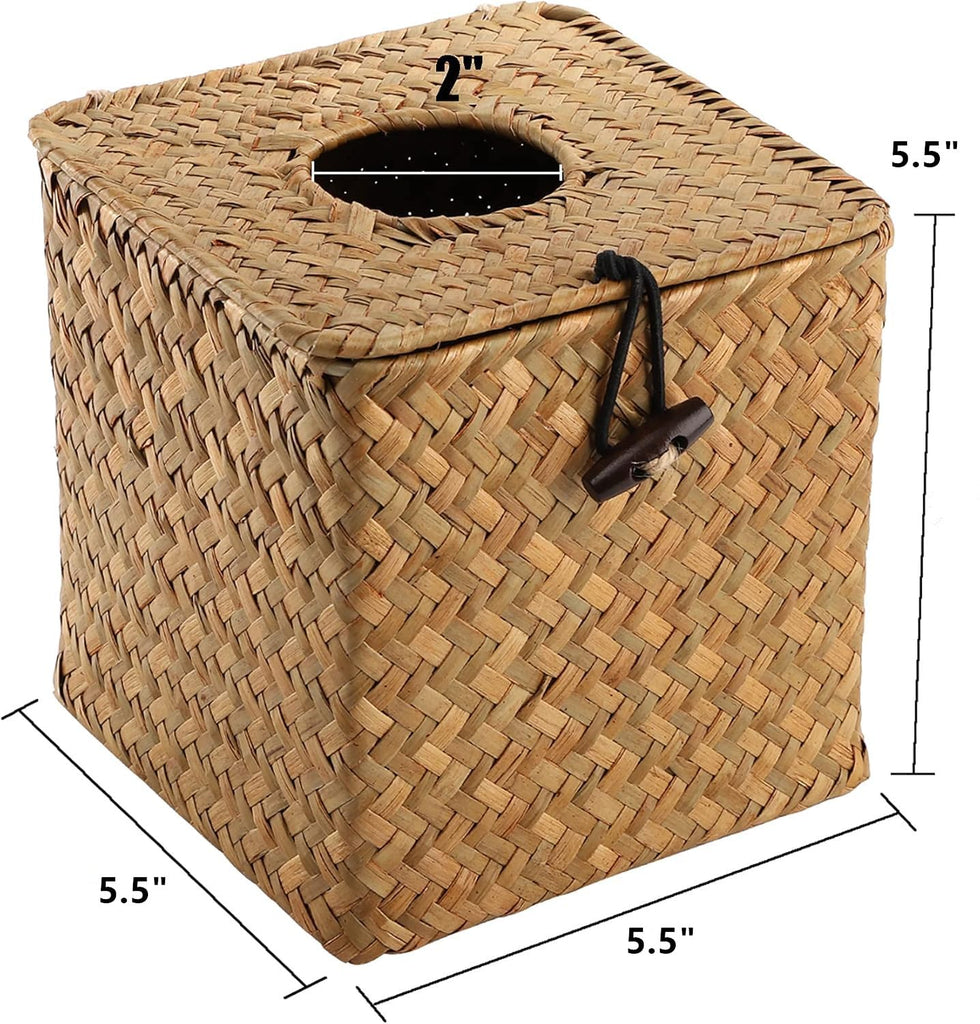 Yesland 2 Pack Square Seagrass Facial Tissue Box - Decorative Woven Paper Holder Napkin Dispense - 5 x 5 x 5 Inches Rattan Tissue Box Cover