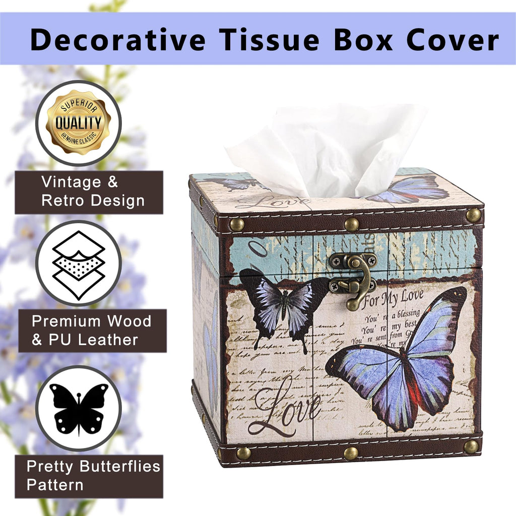 Hoowen Butterfly Tissue Box Cover, Wood Square Tissue Holder, Bluish Purple