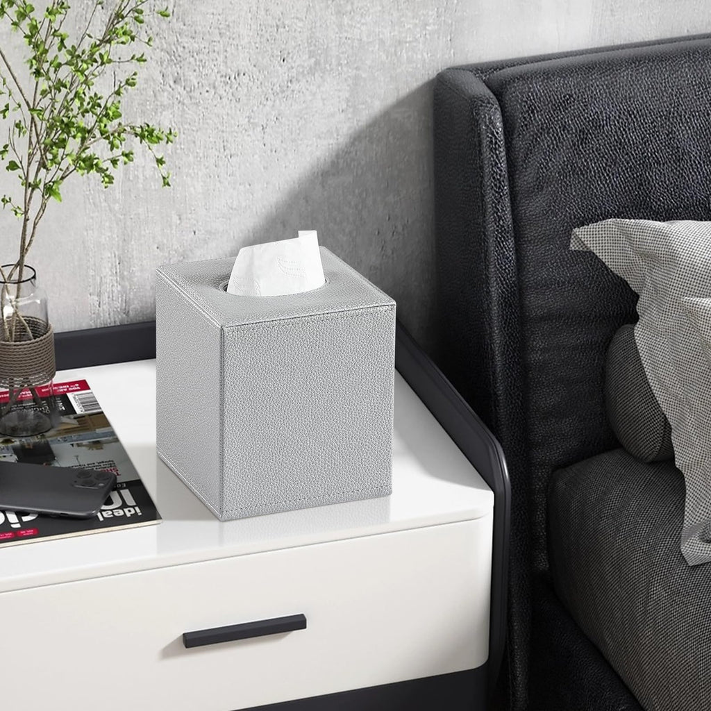JLAMBOM PU Leather Tissue Box Cover Square Tissue Box Holder (Silver)