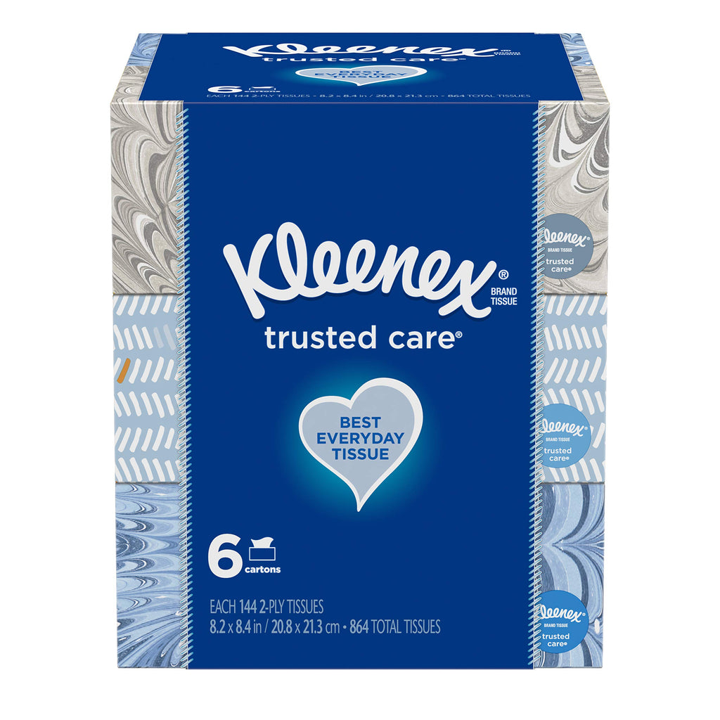 Kleenex Trusted Care Everyday Facial Tissues, 6 Rectangular Boxes, 144 Tissues per Box (864 Tissues Total)