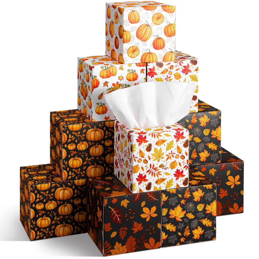 Fourluoo 12 Pack Thanksgiving Pumpkin Facial Tissues Cube Face Boxes 600 Sheets 3 Ply Small Fall Square Tissues Bulk for Thanksgiving Day Autumn Harvest Car Bedroom Party Supplies