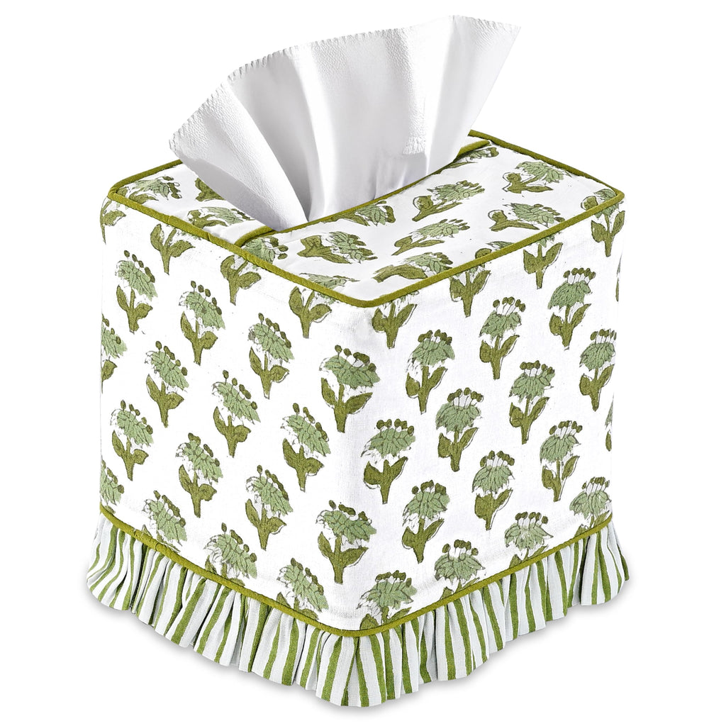 CPC 100% Cotton Ruffle Block Print Tissue Box Cover, Emerald Green