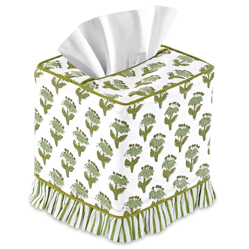 CPC 100% Cotton Ruffle Block Print Tissue Box Cover, Emerald Green