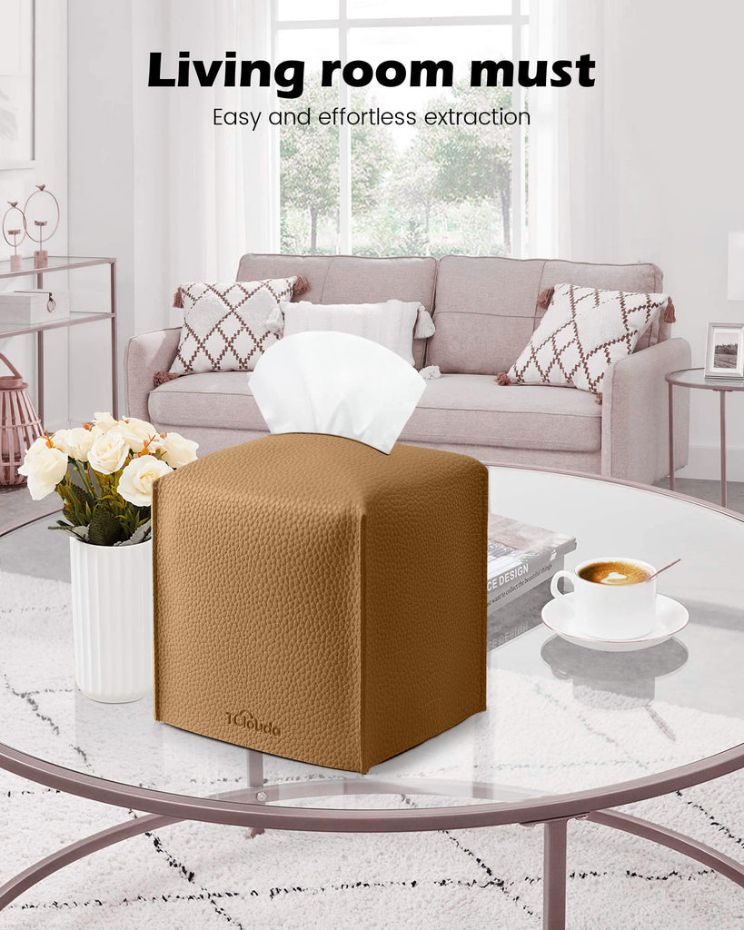 Tclouda Tissue Box Cover for PU Leather, Modern Simple Solid Color Holder Square Tissue Bag, Ideal for Bathrooms,Office,Car,Nightstand,Outdoor Tent,Dining Table,5"X5"X5", Double Bronze