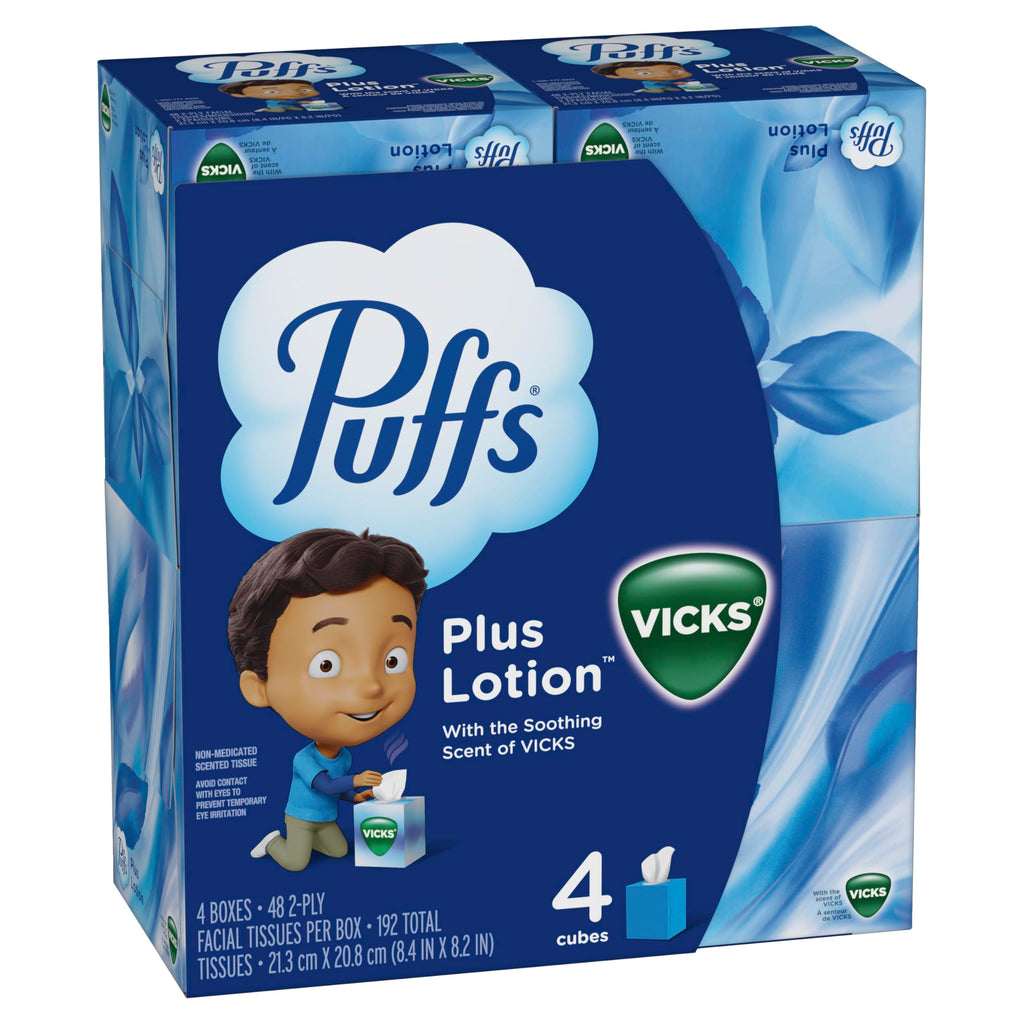 Puffs Plus Lotion with Vicks Facial Tissues, 4 Cubes, 48 Tissues per Box (192 Tissues) [Packaging May Vary]
